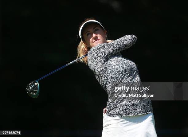 Jillian Hollis watches her tee shot on the 12th hole during the first round of the Marathon Classic Presented By Owens Corning And O-I on July 12,...