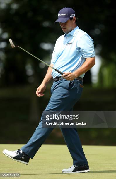 Johnson Wagner reacts to a putt on the fifth hole during the first round of the John Deere Classic at TPC Deere Run on July 12, 2018 in Silvis,...