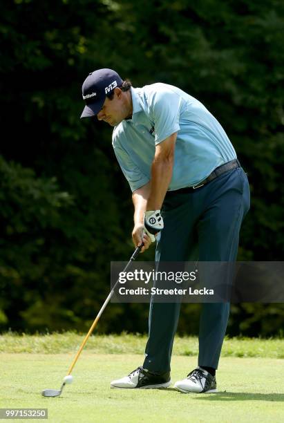 Johnson Wagner hits a tee shot on the sixth hole during the first round of the John Deere Classic at TPC Deere Run on July 12, 2018 in Silvis,...