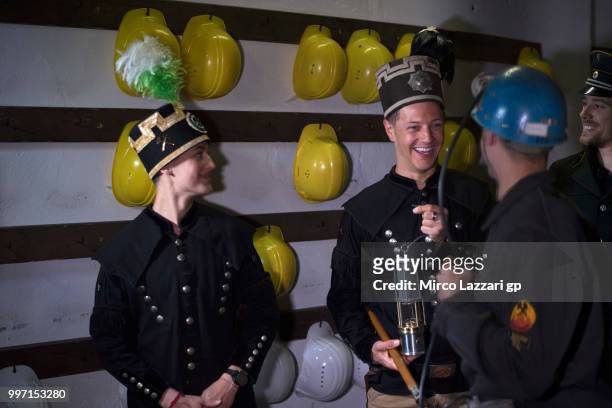 Dominique Aegerter of Swiss and Kiefer Racing smiles during the pre-event "MotoGP riders visit the historic Oelsnitz / Erzgebirge coal mine " during...