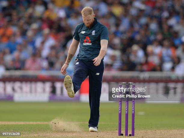 Ben Stokes of England reacts during the 1st Royal London One-Day International between England and India on July 12, 2018 in Nottingham, England.