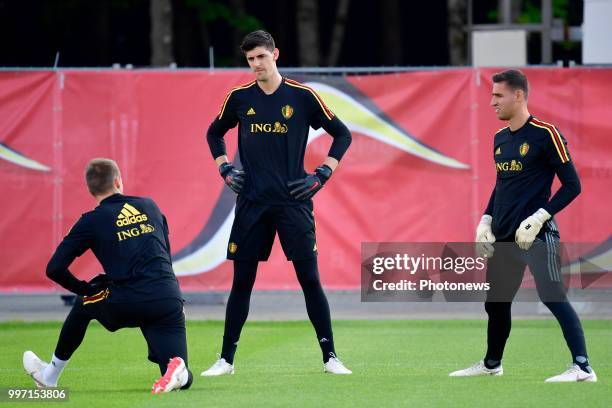 Simon Mignolet goalkeeper of Belgium, Thibaut Courtois goalkeeper of Belgium and Koen Casteels goalkeeper of Belgium pictured during a training...