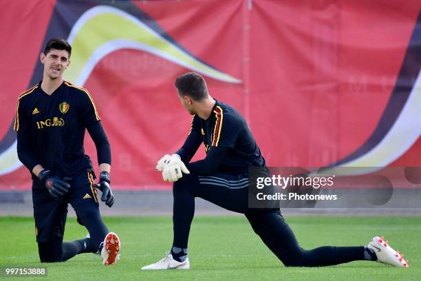 Thibaut Courtois goalkeeper of Belgium and Koen Casteels goalkeeper of Belgium pictured during a training session as part of the preparation prior to...