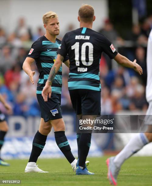 Arne Maier and Ondrej Duda of Hertha BSC celebrate after scoring the 0:2 during the game between MSV Neuruppin against Hertha BSC at the...
