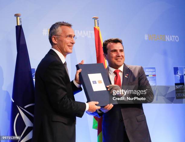 Secretary General, Jens Stoltenberg and President of Macedonia, Zoran Zaew during signing ceremony of the initiation of accession process during 2018...