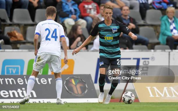 Lukas Japs of MSV Neuruppin and Palko Dardai of Hertha BSC during the game between MSV Neuruppin against Hertha BSC at the Volkspar-Stadion on july...