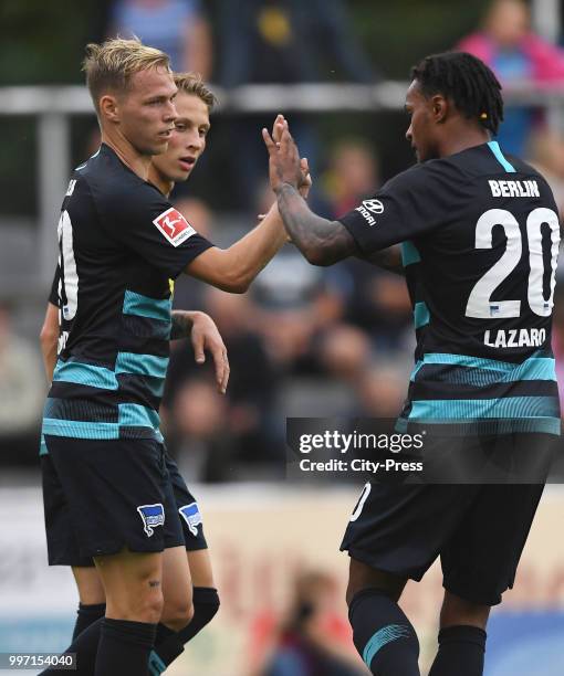 Ondrej Duda, Palko Dardai and Valentino Lazaro of Hertha BSC celebrate after scoring the 0:3 during the game between MSV Neuruppin against Hertha BSC...