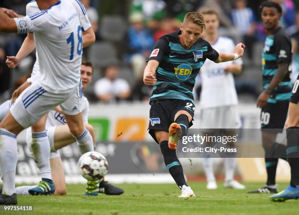 Palko Dardai of Hertha BSC scores the 0:5 during the game between MSV Neuruppin against Hertha BSC at the Volkspar-Stadion on july 12, 2018 in...