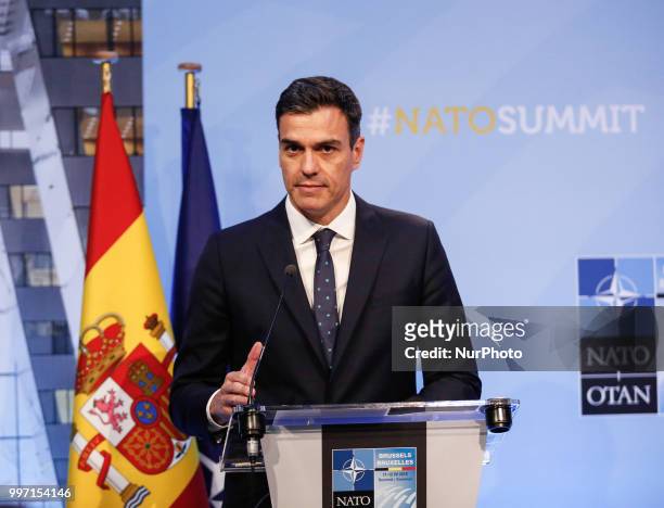 Prime Minister of Spain, Pedro Sanchez gives a closing press conference during 2018 summit in NATOs headquarters in Brussels, Belgium on July 12,...