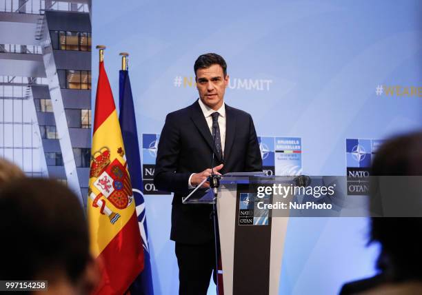 Prime Minister of Spain, Pedro Sanchez gives a closing press conference during 2018 summit in NATOs headquarters in Brussels, Belgium on July 12,...