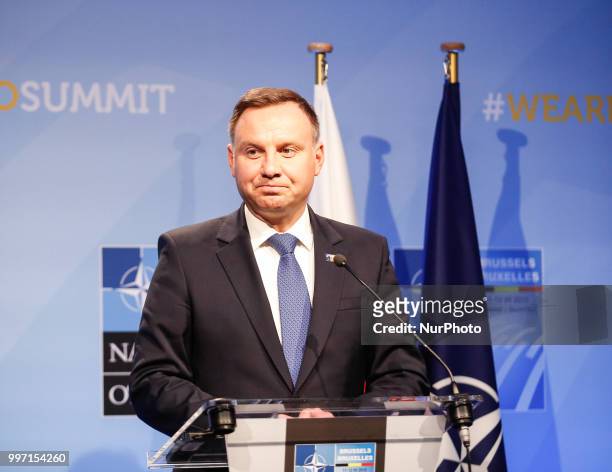 President of Poland, Andrzej Duda gives a closing press conference during 2018 summit in NATOs headquarters in Brussels, Belgium on July 12, 2018.