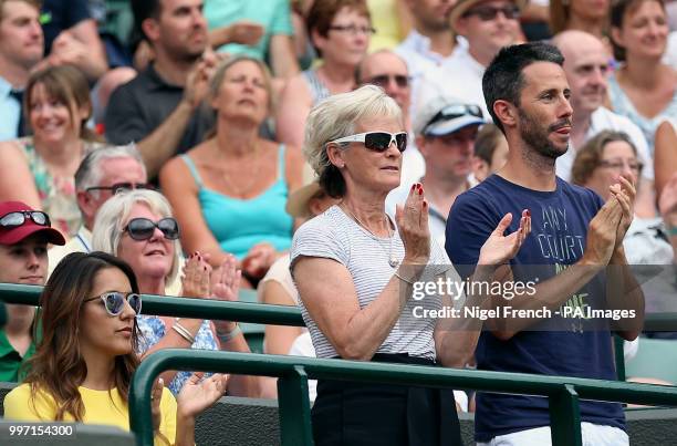 Jamie Murray's wife Alejandra Gutierrez with his mother Judy Murray on day ten of the Wimbledon Championships at the All England Lawn Tennis and...