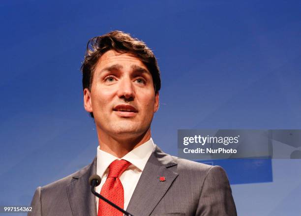 Prime Minister of Canada, Justin Trudeau gives a closing press conference during 2018 summit in NATOs headquarters in Brussels, Belgium on July 12,...