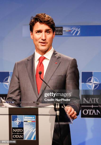 Prime Minister of Canada, Justin Trudeau gives a closing press conference during 2018 summit in NATOs headquarters in Brussels, Belgium on July 12,...