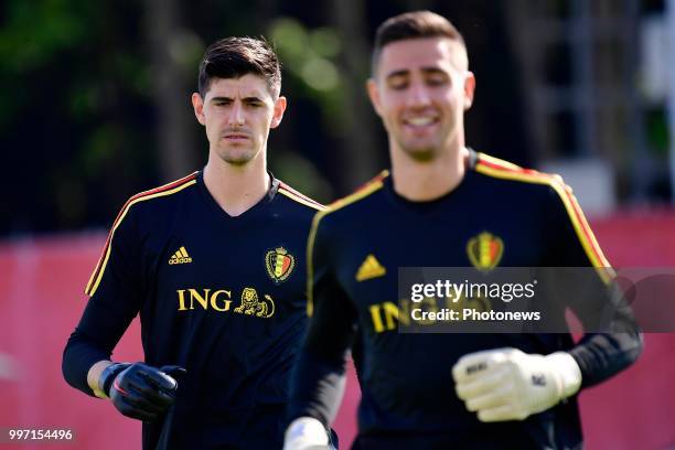 Thibaut Courtois goalkeeper of Belgium and Koen Casteels goalkeeper of Belgium pictured during a training session as part of the preparation prior to...