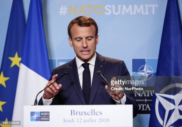 President of France, Emmanuel Macron gives a closing press conference during 2018 summit in NATOs headquarters in Brussels, Belgium on July 12, 2018.