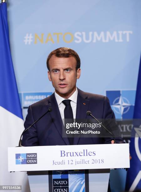 President of France, Emmanuel Macron gives a closing press conference during 2018 summit in NATOs headquarters in Brussels, Belgium on July 12, 2018.