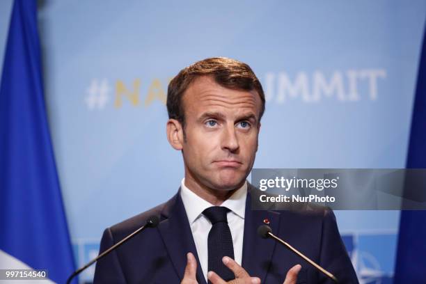 President of France, Emmanuel Macron gives a closing press conference during 2018 summit in NATOs headquarters in Brussels, Belgium on July 12, 2018.