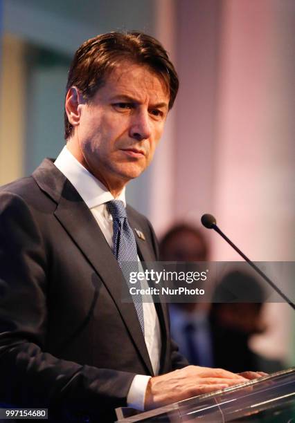 Prime Minister of Italy, Giuseppe Conte gives a closing press conference during 2018 summit in NATOs headquarters in Brussels, Belgium on July 12,...