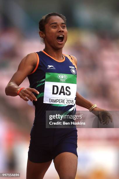 Hima Das of India celebrates winning gold in the final of the women's 400m on day three of The IAAF World U20 Championships on July 12, 2018 in...