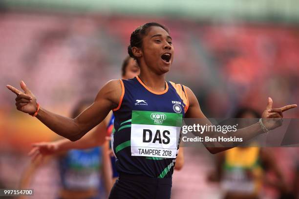 Hima Das of India celebrates winning gold in the final of the women's 400m on day three of The IAAF World U20 Championships on July 12, 2018 in...