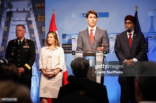 Prime Minister of Canada, Justin Trudeau gives a closing press conference during 2018 summit in NATOs headquarters in Brussels, Belgium on July 12,...