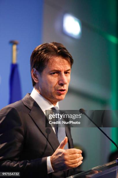 Prime Minister of Italy, Giuseppe Conte gives a closing press conference during 2018 summit in NATOs headquarters in Brussels, Belgium on July 12,...