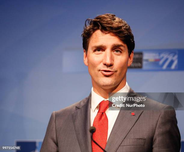 Prime Minister of Canada, Justin Trudeau gives a closing press conference during 2018 summit in NATOs headquarters in Brussels, Belgium on July 12,...