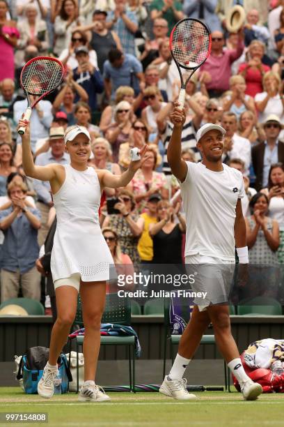 Jay Clarke and Harriet Dart of Great Britain celebrate their victory after their Mixed Doubles quarter-final match against Juan Sebastian Cabal of...