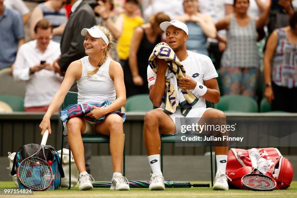 Jay Clarke and Harriet Dart of Great Britain celebrate their victory after their Mixed Doubles quarter-final match against Juan Sebastian Cabal of...