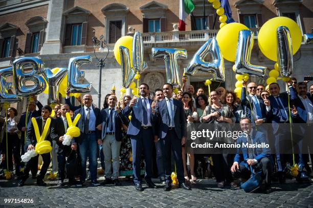 Deputy Prime Minister Luigi di Maio, Senators and Deputies of 5-Star movement celebrate after that Italian Parliament approved cutting "Vitalizi"...