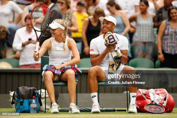 Jay Clarke and Harriet Dart of Great Britain celebrate their victory after their Mixed Doubles quarter-final match against Juan Sebastian Cabal of...