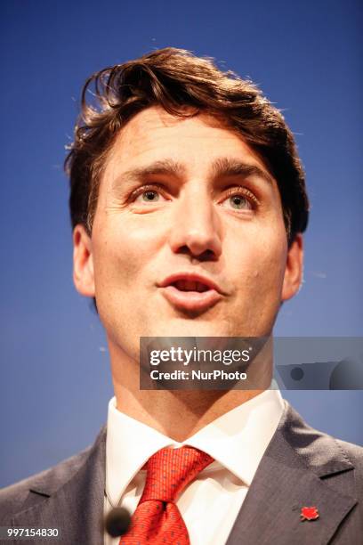 Prime Minister of Canada, Justin Trudeau gives a closing press conference during 2018 summit in NATOs headquarters in Brussels, Belgium on July 12,...