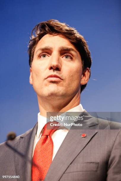 Prime Minister of Canada, Justin Trudeau gives a closing press conference during 2018 summit in NATOs headquarters in Brussels, Belgium on July 12,...