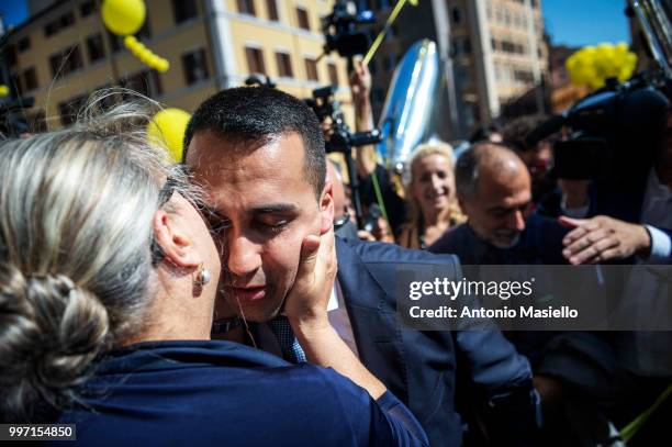 Deputy Prime Minister Luigi di Maio, Senators and Deputies of 5-Star movement celebrate after that Italian Parliament approved cutting "Vitalizi"...