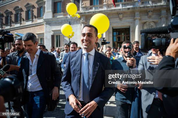 Deputy Prime Minister Luigi di Maio, Senators and Deputies of 5-Star movement celebrate after that Italian Parliament approved cutting "Vitalizi"...