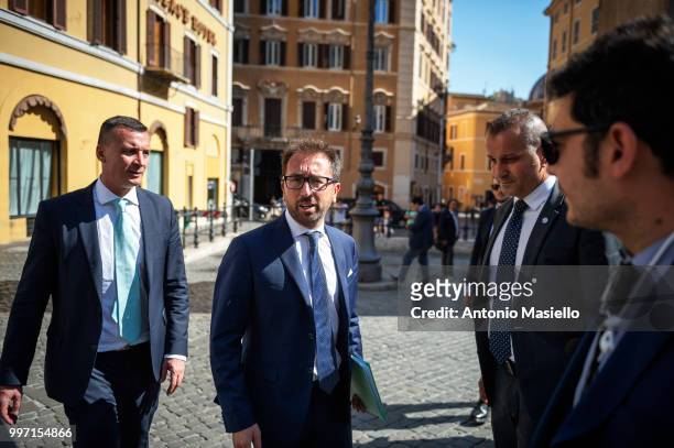 Justice Minister Alfonso Bonafede, Senators and Deputies of 5-Star movement celebrate after that Italian Parliament approved cutting "Vitalizi"...