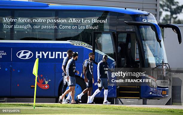 France's forward Ousmane Dembele, France's midfielder Nabil Fekir, France's forward Thomas Lemar and France's midfielder N'Golo Kante arrive for a...
