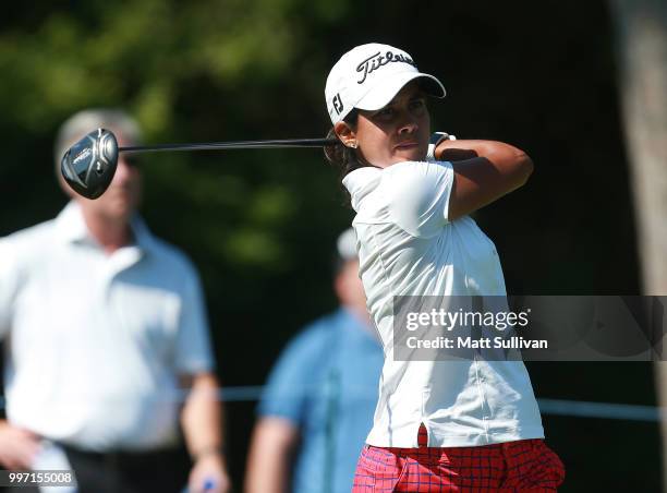 Julieta Granada of Paraguay watches her tee shot on the fourth hole during the first round of the Marathon Classic Presented By Owens Corning And O-I...