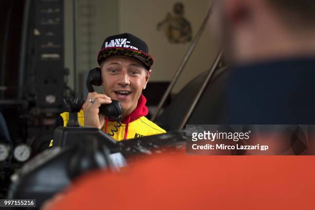 Dominique Aegerter of Swiss and Kiefer Racing speaks on phone during the pre-event "MotoGP riders visit the historic Oelsnitz / Erzgebirge coal mine...