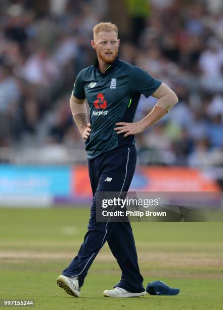 Ben Stokes of England reacts during the 1st Royal London One-Day International between England and India on July 12, 2018 in Nottingham, England.