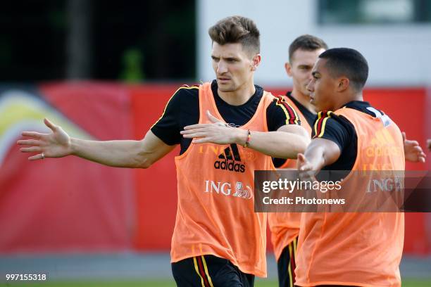 Thomas Meunier defender of Belgium and Youri Tielemans midfielder of Belgium during a training session as part of the preparation prior to the FIFA...