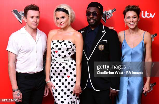 Danny Jones , Pixie Lott , will.i.am, and Emma Willis attending a photocall to launch The Voice Kids, at Madame Tussauds in London.