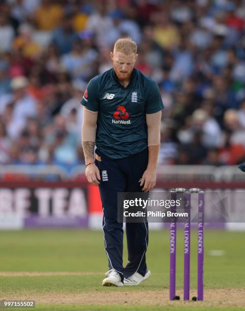 Ben Stokes of England reacts during the 1st Royal London One-Day International between England and India on July 12, 2018 in Nottingham, England.