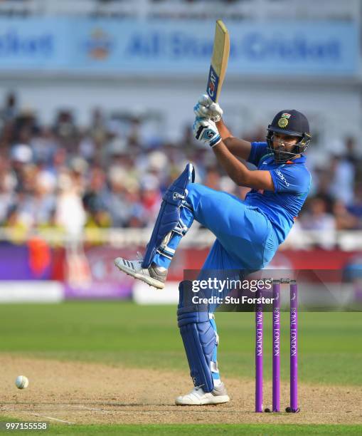 India batsman Rohit Sharma hits out during the 1st Royal London One Day International match between England and India at Trent Bridge on July 12,...