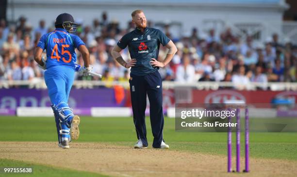 England bowler Ben Stokes reacts as Rohit Sharma picks up some runs during the 1st Royal London One Day International match between England and India...