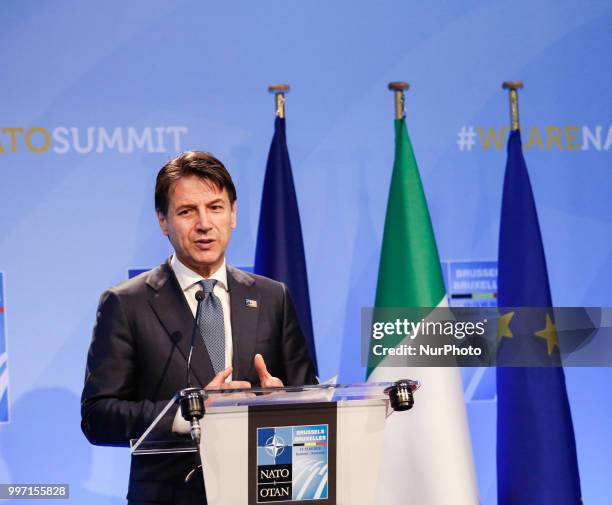 Prime Minister of Italy, Giuseppe Conte gives a closing press conference during 2018 summit in NATOs headquarters in Brussels, Belgium on July 12,...