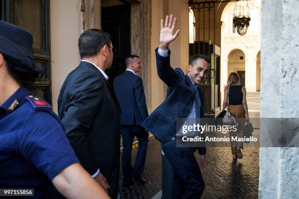 Deputy Prime Minister Luigi di Maio greets the journalists after that Italian Parliament approved cutting "Vitalizi" parliamentary pensions, on July...