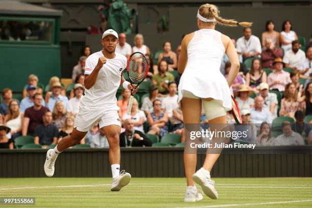 Jay Clarke and Harriet Dart of Great Britain celebrate match point during their Mixed Doubles quarter-final match against Juan Sebastian Cabal of...