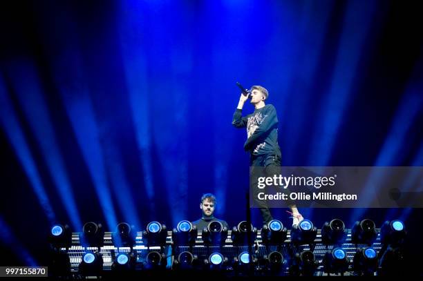 Alex Pall, Andrew Taggart and Matt Mcguire of Chain Smokers perform onstage at the mainstage at The Plains of Abraham in The Battlefields Park during...